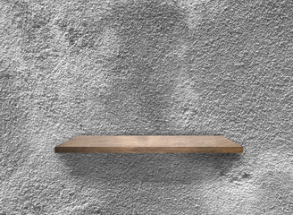 Rustic wooden shelf on grey concrete wall texture background with clipping path. pattern wallpaper