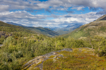 Green grass fields in Norway countryside near mountains. Cloudy foggy summer day, norwegian rural panoramic landscape. selective focus