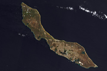 High resolution satellite image of Curaçao, a Lesser Antilles island country in the southern...