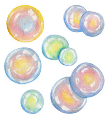 Collection of colorful water soap bubbles suds. Watercolor hand drawn illustration in cartoon style, isolated on white background. Concept of washing, leisure, children, fun, happiness, shower.
