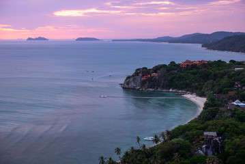 Tropical  landscape in sunset time,  island koh Phangan in Thailand, view from above