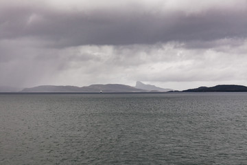 End of fjord. Beautiful Norwegian landscape. view of the fjords. Norway ideal fjord reflection in clear water In cloudy weather. selective focus