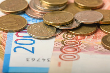 Cash banknotes and coins background. Background of Russian money banknotes. Paper rubles and coins...