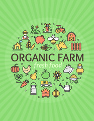 Organic Farm Signs Round Design Template Thin Line Icon Concept. Vector