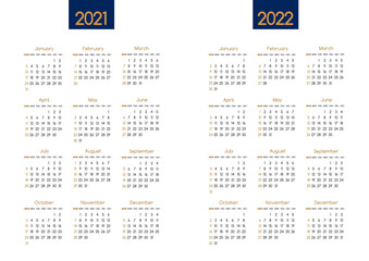 Calendar New year 2021 and 2022 vector planner template with modern simple navy blue and gold clean design.Holiday event adenda, Week Starts Sunday.12 month layout annual calender.timetable for diary