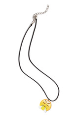 Subject shot of a black cord with a pendant made as a yellow angry emoji. The funny necklace with a chain-fastener is isolated on the white backdrop. 