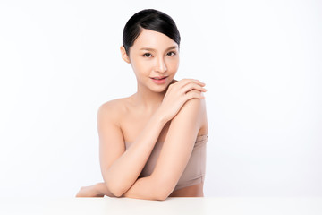 Beautiful Young Asian Woman with Clean Fresh Skin. Face care, Facial treatment, Cosmetology, beauty and healthy skin and cosmetic concept, woman beauty skin isolated on white background