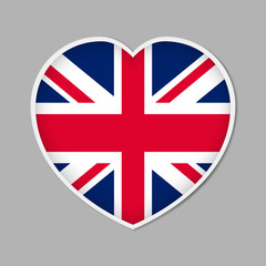 Heart shaped sign with British flag, vector illustration. Great Britain patriotic badge or sticker