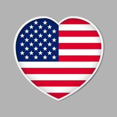 Heart shaped sign with US flag, vector illustration. USA patriotic badge or sticker