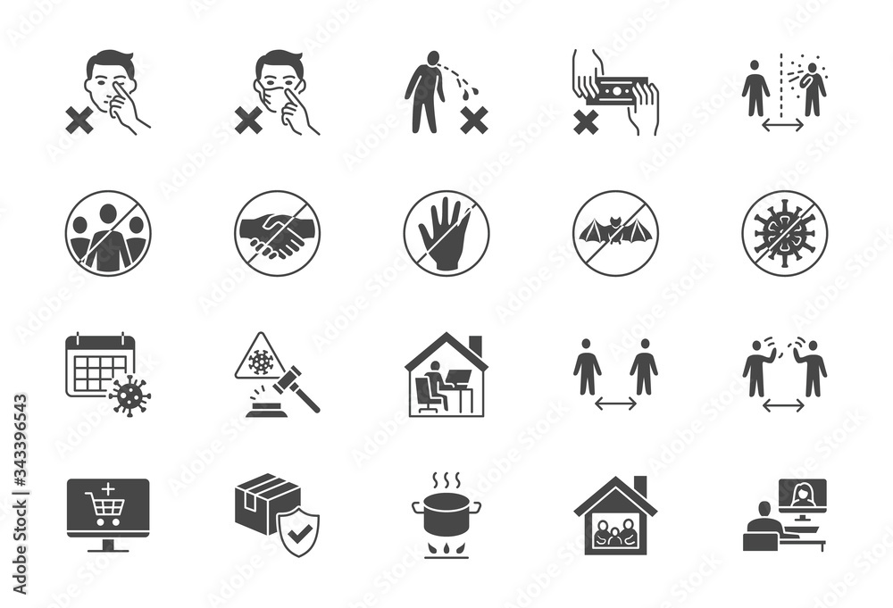 Wall mural Coronavirus prevention flat icons. Vector illustration include icon - social distance, quarantine violation, incubation period, stay home black silhouette pictogram for medical infographic