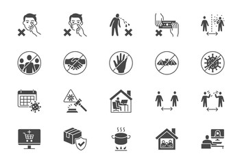Coronavirus prevention flat icons. Vector illustration include icon - social distance, quarantine violation, incubation period, stay home black silhouette pictogram for medical infographic