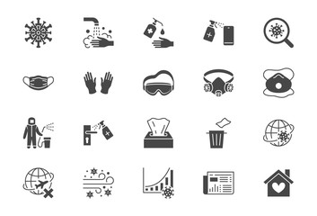 Coronavirus, virus prevention flat icons. Vector illustration include icon - wash hands disinfection, face mask, sanitizer gloves black silhouette pictogram for infographic