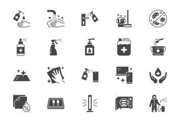 Disinfection flat icons. Vector illustration included icon as spray bottle, floor cleaning mop, wash hands gel, autoclave uv lamp black silhouette pictogram for housekeeping - obrazy, fototapety, plakaty