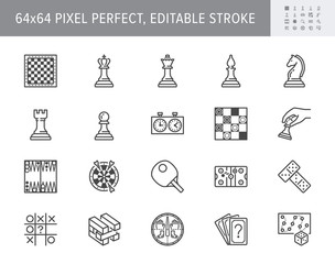 Board games line icons. Vector illustration included icon as chess, checkers, jenga, domino outline pictogram for table entertainment shop. 64x64 Pixel Perfect Editable Stroke © Phoenix Icons