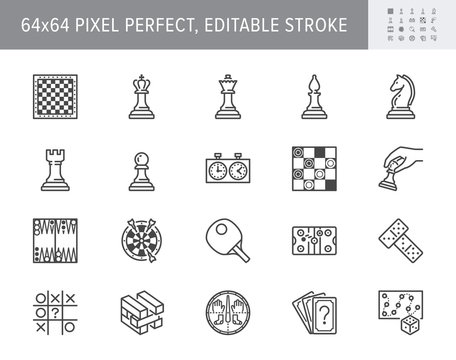 Board games line icons. Vector illustration included icon as chess, checkers, jenga, domino outline pictogram for table entertainment shop. 64x64 Pixel Perfect Editable Stroke