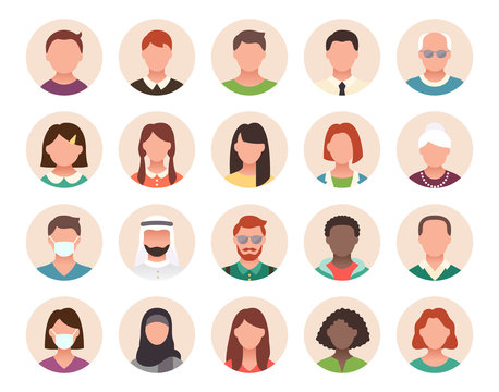 People avatar flat icons. Vector illustration included icon as man, female head, muslim, senior, adult and young human face pictogram for user profile. Round colored cartoon portraits