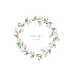 Watercolor illustration of a beautiful floral wreath with spring flowers. Hand drawn elegant light pink flowers on white background