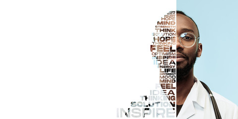 Portrait of happy and inspired doctor with lettering hope, idea, solution, mind, flyer with...