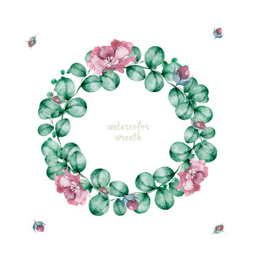 Watercolor illustration of a beautiful floral wreath with spring flowers. Hand drawn elegant light pink flowers on white background