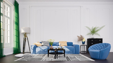 Modern interior design of a living room in an apartment, house, office, fresh flowers and bright modern interior details and sunbeams from a window against a white wall in the English style.