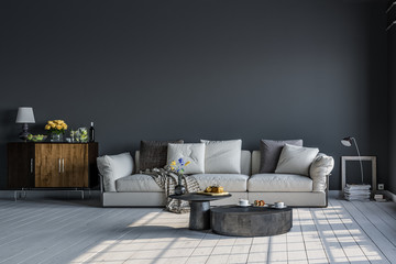 Modern interior design of a living room in an apartment, house, office, fresh flowers and bright modern interior details and sunbeams from a window on a background of dark walls.