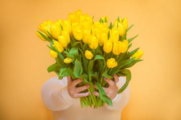 Yellow tulips. A bouquet of yellow tulips in female hands.