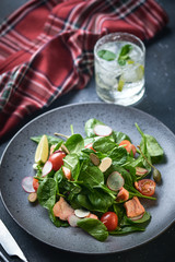 Smoked Salmon Salad. Healthy eating Tasty salad with red fish, radish and cherry tomatoes.