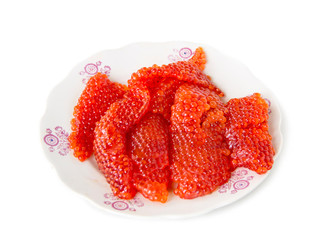 Red fresh salmon ROE breeds of fish lying on a plate, white background