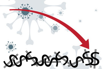 Vector illustration of economic crisis induced by coronavirus with dollar symbol.