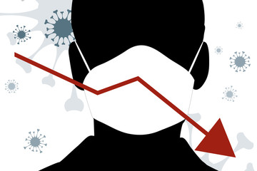 Vector illustration of economic crisis with man with medical mask and coronavirus symbol.