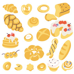 Vector illustartion assortment of different pastries. Seamless pattern for bakery shop.