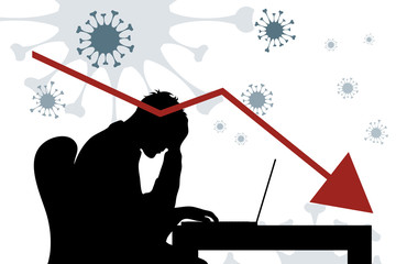 Vector illustration of economic crisis induced by coronavirus with businessman symbol.