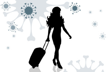 Vector illustration of travel crisis induced by coronavirus with walking woman with suitcase.