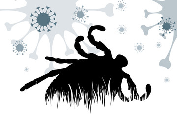 Vector silhouette of tick on background with virus symbol. Symbol of diseases.