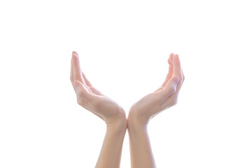 Woman hands keep empty cupped palms together isolated on white background for charity, protection...