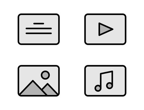 Media files outline filled icons for web, mobile and ui design. Text, video, audio, photo linear grey symbols