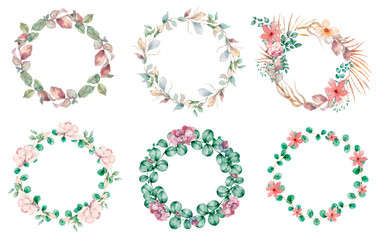 Watercolor illustration of a beautiful set floral wreath with spring flowers. Hand drawn elegant light pink flowers on white background
