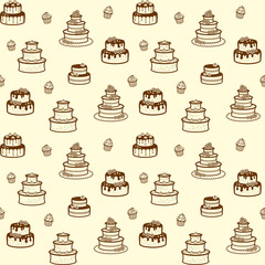 Muffins and different wedding and birthday cakes with flowers, stars, meringues. Vector seamless pattern for bakery, cafe, sweet shop, pastry shop, confectionery, printing on packaging, wrapper, menu