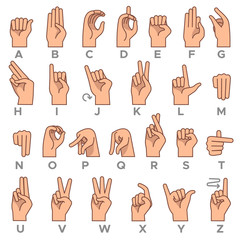 Deaf-mute language. American deaf mute hand gesture alphabet letters, asl vector symbols © YummyBuum