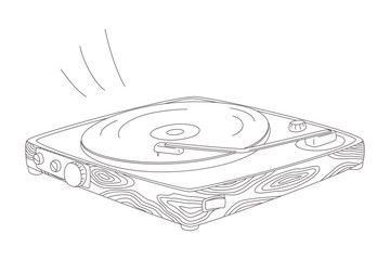 Vector illustration of retro vinyl player with vinyl record. Expanded stroke. Isolated on white background.