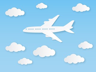 Fototapeta na wymiar Aircraft in blue sky. Flight airplane and white clouds in origami style, aviation tourism. World travelling paper vector concept