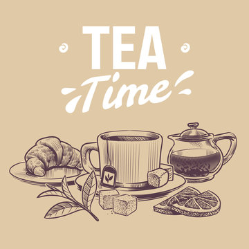 Sketch tea. Hand drawn objects for tea shop, mugs and kettle tea leaves and dried herbs, croissant and lemon slices vector background