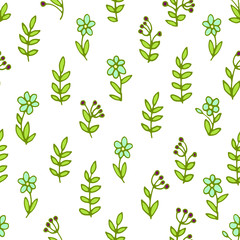 Vector seamless pattern: pastel color hand drawn simple flowers with leaves and berries. Pretty minimalism, sketch style design for textile, wrapping paper, wallpaper.