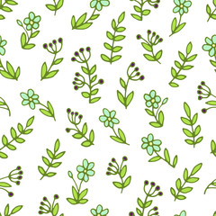Vector seamless pattern: pastel color hand drawn simple flowers with leaves and berries. Pretty minimalism, sketch style design for textile, wrapping paper, wallpaper.