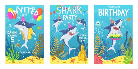 Invitations card with cute sharks. Color greeting card, undersea world animals. Shark, seaweed and fish kids party cartoon vector poster