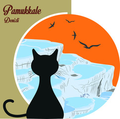 The cat that watches beautiful Pamukkale - Turkey Denizli Pamukkale vector background . UNESCO World Heritage Pamukkale travertines - Illustration 
