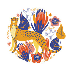 Round shape flower arrangement and cute Cheetah. Vector illustration on a white background.