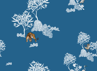 Little Islands with Wild Animals and Birds Chinese Chinoiserie Blue and White Seamless Pattern, Tiger in Floral Trees Oriental Hand Drawn Print, Landscape Isolated Groups Trees and Animals