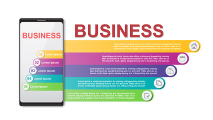 Business infographics analysis on smartphone with options, Flat design infographic on white background. Mobile phone with chart diagram conceptual vector illustration, eps10.