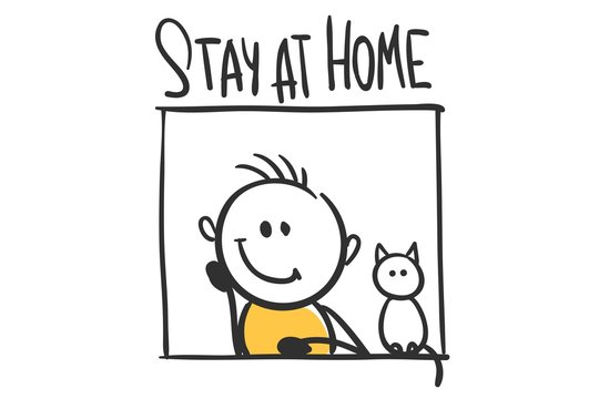 Banner -- Stay at home. Funny man with a cat at the window, vector illustration.	